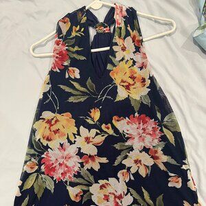 Loveappella Navy Floral Sleeveless Tunic Blouse with Gathered Back, Size M